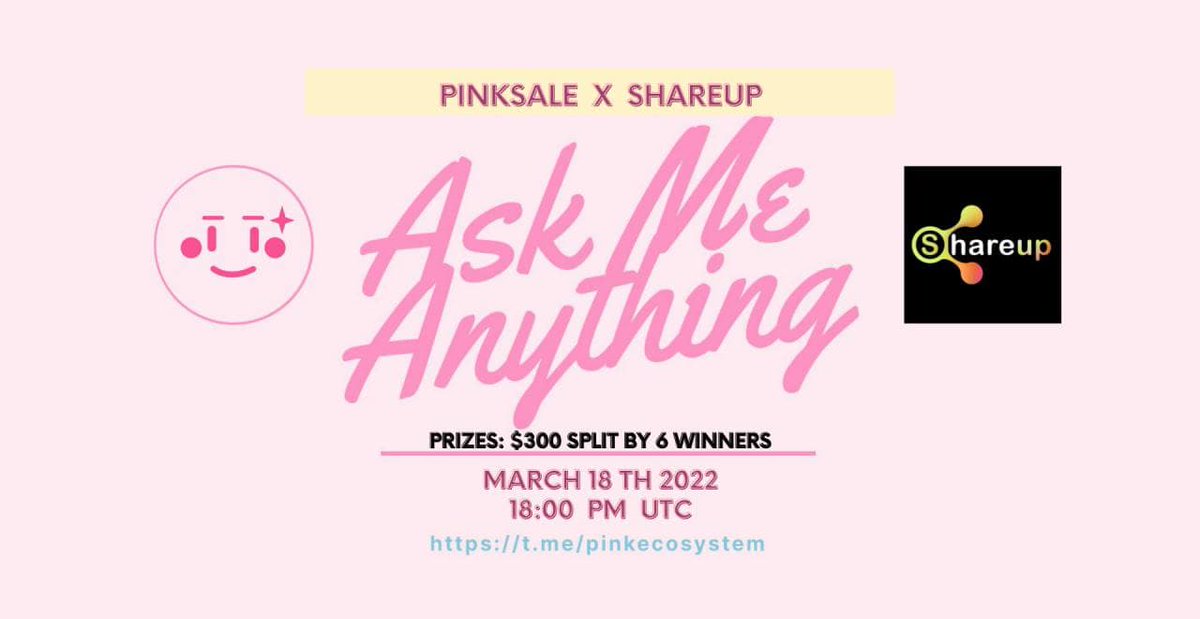 shareupswap's tweet photo. 🔥 Upcoming ShareUP AMA!

✅ Event: ShareUP voice AMA
✅ Where: https://t.co/0Gcy06Mrf7
✅ When: 10th March 18:00PM UTC
✅ Prize: $300 split by 6 winners

👉 TG: https://t.co/TMQtMZq7Q3

👉 Web: https://t.co/BUqWMQN8x8

#Presales #IDO #ShareUP https://t.co/I9a4E017Ij