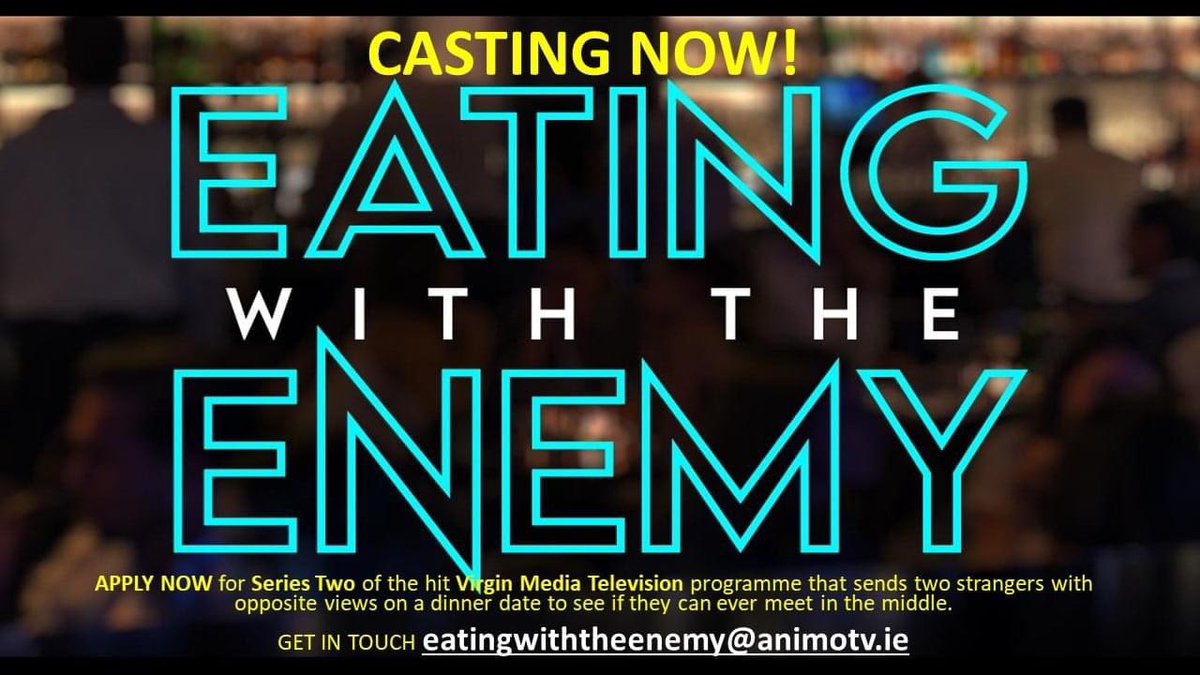 EatingEnemy's tweet photo. Applications are now open for Eating With The Enemy Series 2. 

Email us at: eatingwiththeenemy@animotv.ie for more information 

#eatingwiththeenemy #castingcall https://t.co/9bhbDFDj6c