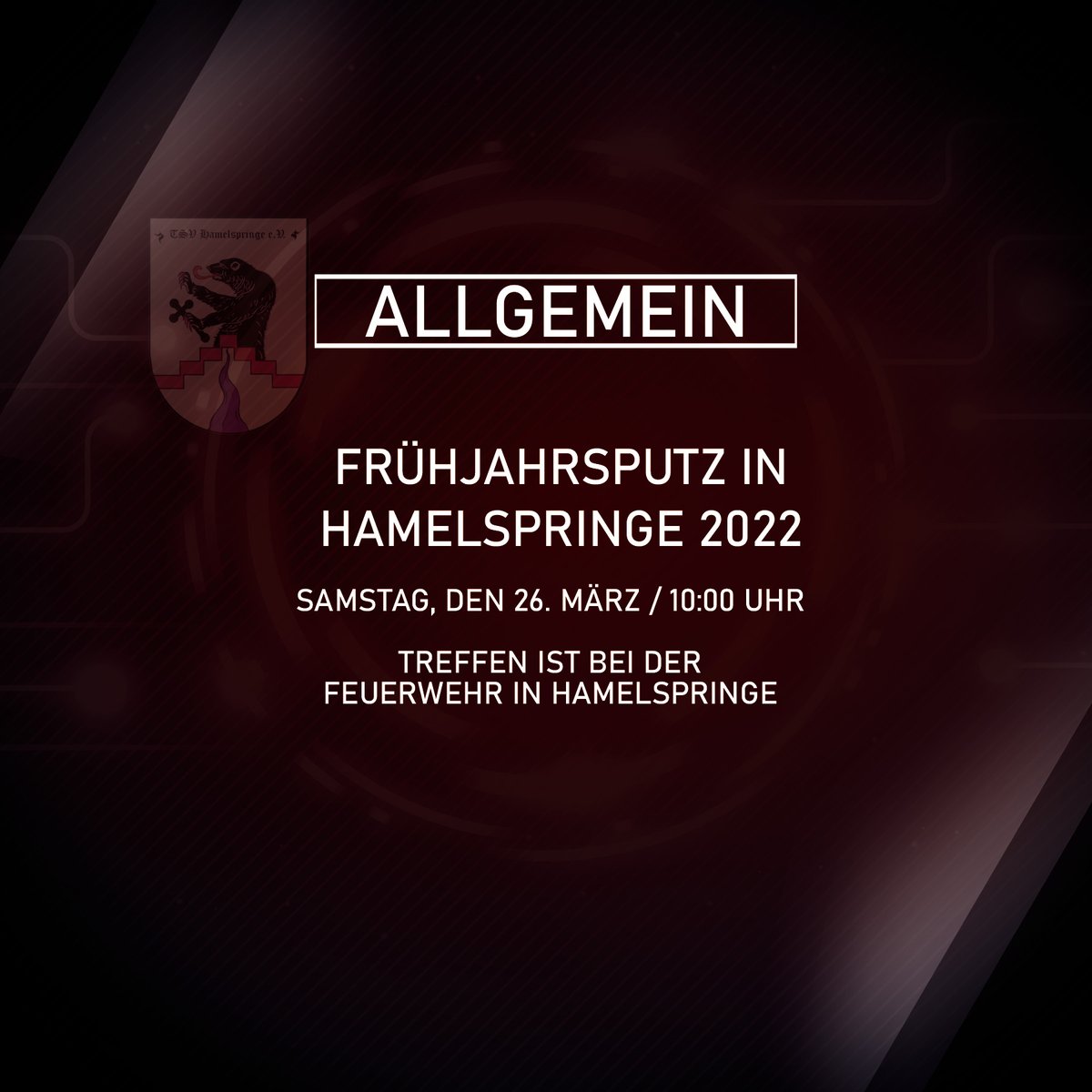 ♦️ Frühjahrsputz Hamelspringe 2022

Der diesjährige Frühjahrsputz in Hamelspringe findet am
Samstag, den 26. März statt. Dazu treffen sich alle
Teilnehmer um 10:00 Uhr bei der Freiwilligen
Feuerwehr am Kösterbrink.

#frühjahrsputz
#ehrenamt
#hamelsppringe
#badmuender
#müllsammeln