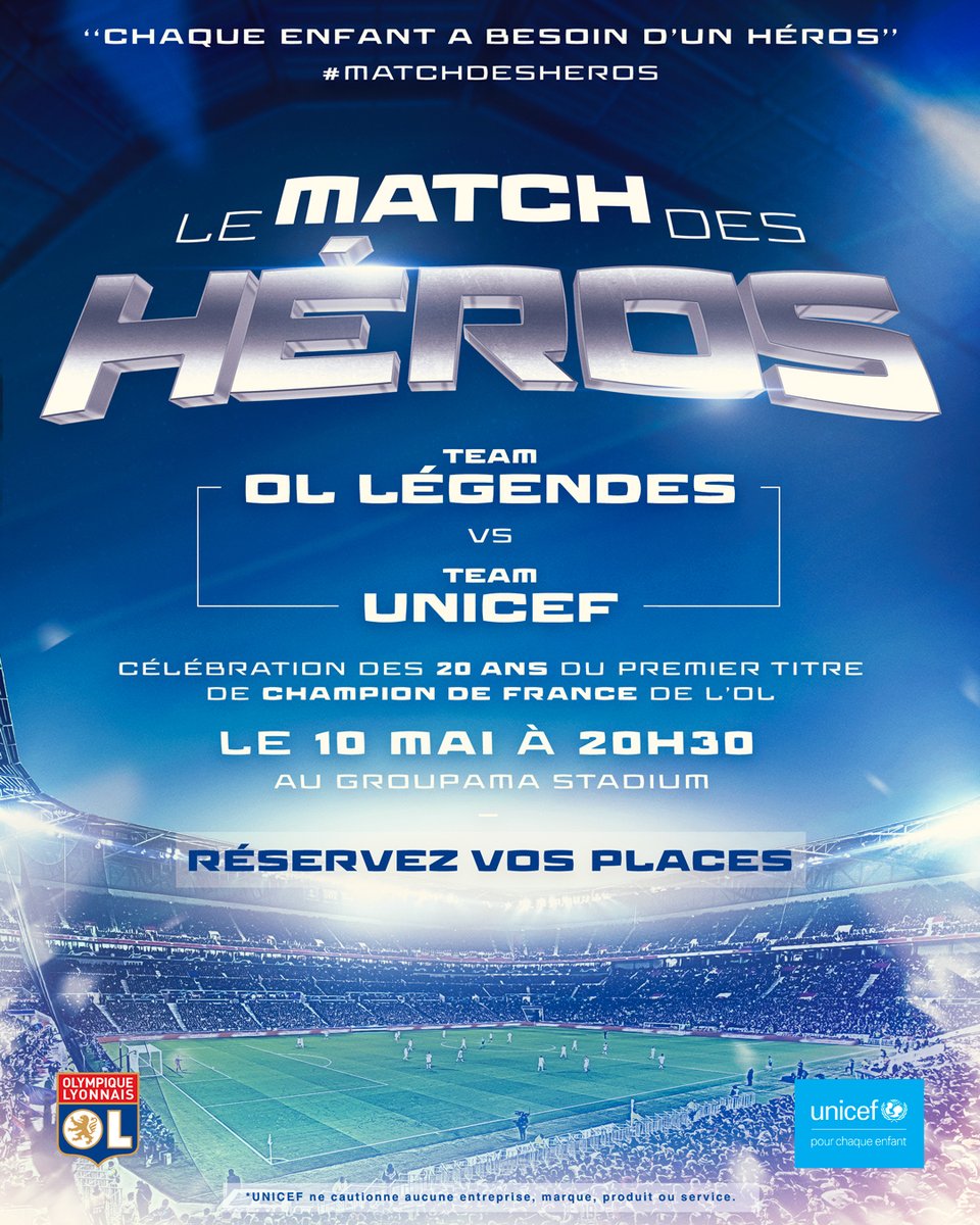 OL's tweet photo. ⚽️✨ Ne manquez pas la 2ème édition du #MatchDesHeros à #Lyon !

📆 RDV le 10/05 au @GroupamaStadium pour voir les légendes de l'#OL affronter la #TeamUNICEF dans un match solidaire pour les enfants d’#Ukraine !

Réservez vos billets dès maintenant ➡ https://t.co/LPS0j4Gj10 https://t.co/kfR1Cwp5jt