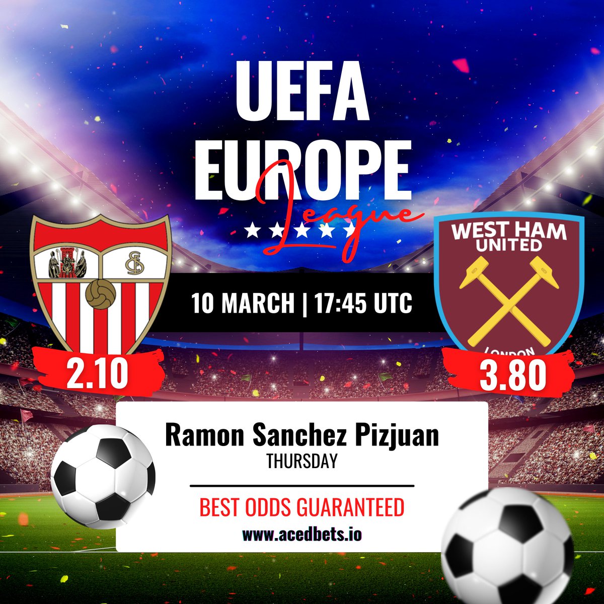 acedbets's tweet photo. Today's match: UEFA Europa League
@SevillaFC_ENG Vs @WestHam 
Place your bets: https://t.co/WCFB0vGsG9
@bet365 @EuropaLeague @AceDCoin
#bettingtwitter #bettingtips #cryptogambling #crypto #bet #GamblingTwitter #gambling
$BNB $USDT $ETH $BTC $DOGE
Bet with $ACED
Good luck! https://t.co/KmULYdjsqp