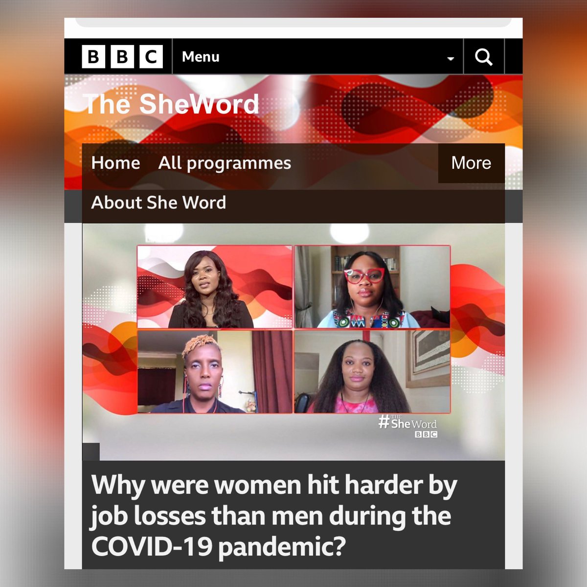 SolaAdesakin's tweet photo. Got featured on @BBCAfrica a couple of days ago, as we discussed the topic โwhy women were hit harder during the pandemicโ. My fellow panelists were from Kenya and South Africa and we had a really good time.
https://t.co/N55CyDErwd #sheword https://t.co/HXb274jwKO
