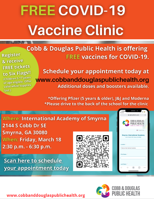 IAS_principal's tweet photo. Cobb &amp; Douglas Public Health will be back on campus 
Friday, March 18, 2022 to offer free COVID-19 Vaccines. Register TODAY! /
Cobb &amp; Douglas Public Health regresará al campus el viernes 18 de marzo de 2022 para ofrecer vacunas gratuitas contra el COVID-19. ¡Regístrese HOY! https://t.co/mfC98zpina