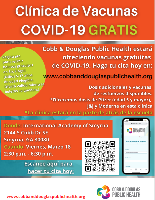 IAS_principal's tweet photo. Cobb &amp; Douglas Public Health will be back on campus 
Friday, March 18, 2022 to offer free COVID-19 Vaccines. Register TODAY! /
Cobb &amp; Douglas Public Health regresará al campus el viernes 18 de marzo de 2022 para ofrecer vacunas gratuitas contra el COVID-19. ¡Regístrese HOY! https://t.co/mfC98zpina