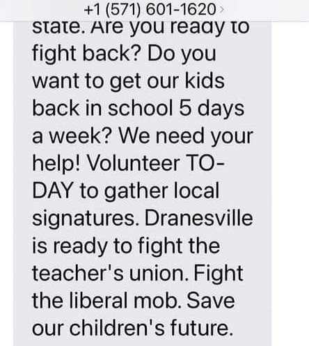 v_theclash's tweet photo. They also sent out this nasty partisan text message to #Dranesville residents. I can't tell if Hemang or Dana wrote it, or if it was a collaboration of hate.
It wins RW bingo: #LiberalMedia, #Woke, #CancelCulture, #TeachersUnions, #Brainwashing, #LiberalMob
BINGO!! https://t.co/xNJjQgk1fj
