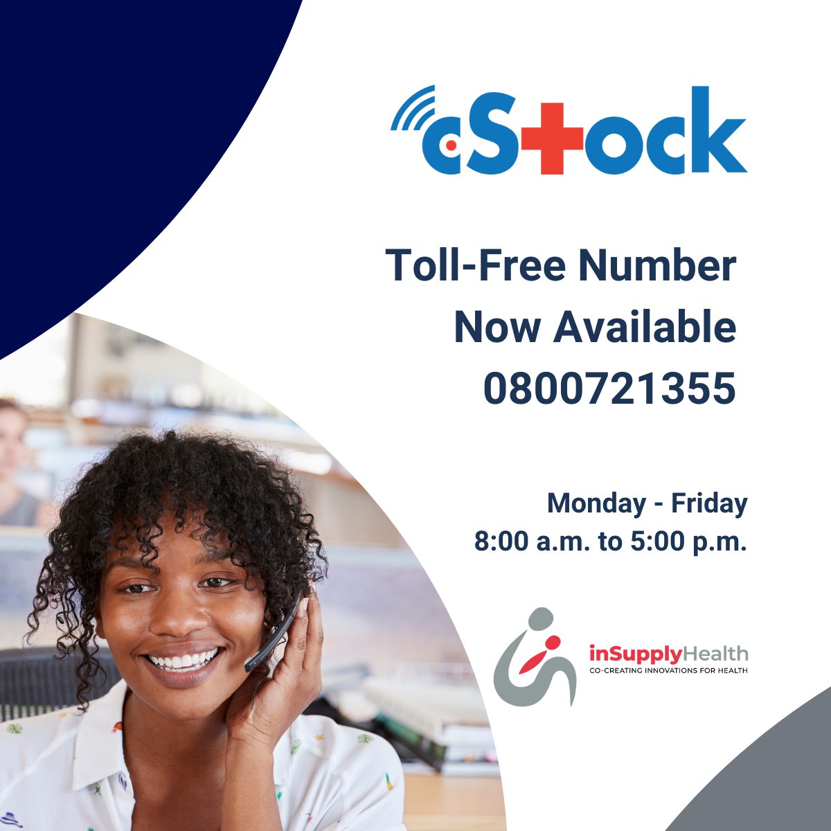 inSupplyHealth's tweet photo. inSupply Health is introducing a dedicated toll-free helpline for health care workers using the #cStock app for health commodity management. If you are one of the users and if you encounter any challenges, please call 0800721355 for help. #cStock #HealthSupplyChains #CallCenter https://t.co/18oLelyB69