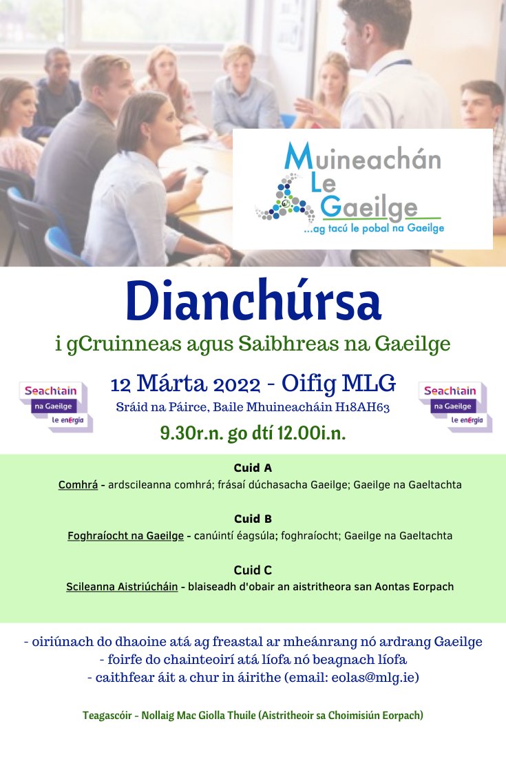 Dianchúrsa ardleibhéil Dé Sathairn ó 9.30rn - 12in.  Foirfe do chainteoirí atá líofa nó beagnach líofa agus oiriúnach do lucht freastail ar na ranganna. Á theagasc ag @Nollaig96, aistritheoir leis an Choimisiúin Eorpach.
€20 (ar pá) / €15 (gan phá) - Déan teagmháil linn #SnaG22