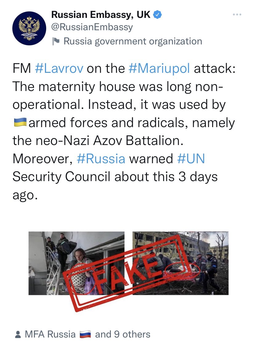 carolecadwalla's tweet image. This is how the Russian Embassy in London has responded to the bombing of the maternity hospital in Mariupol. Utterly obscene.