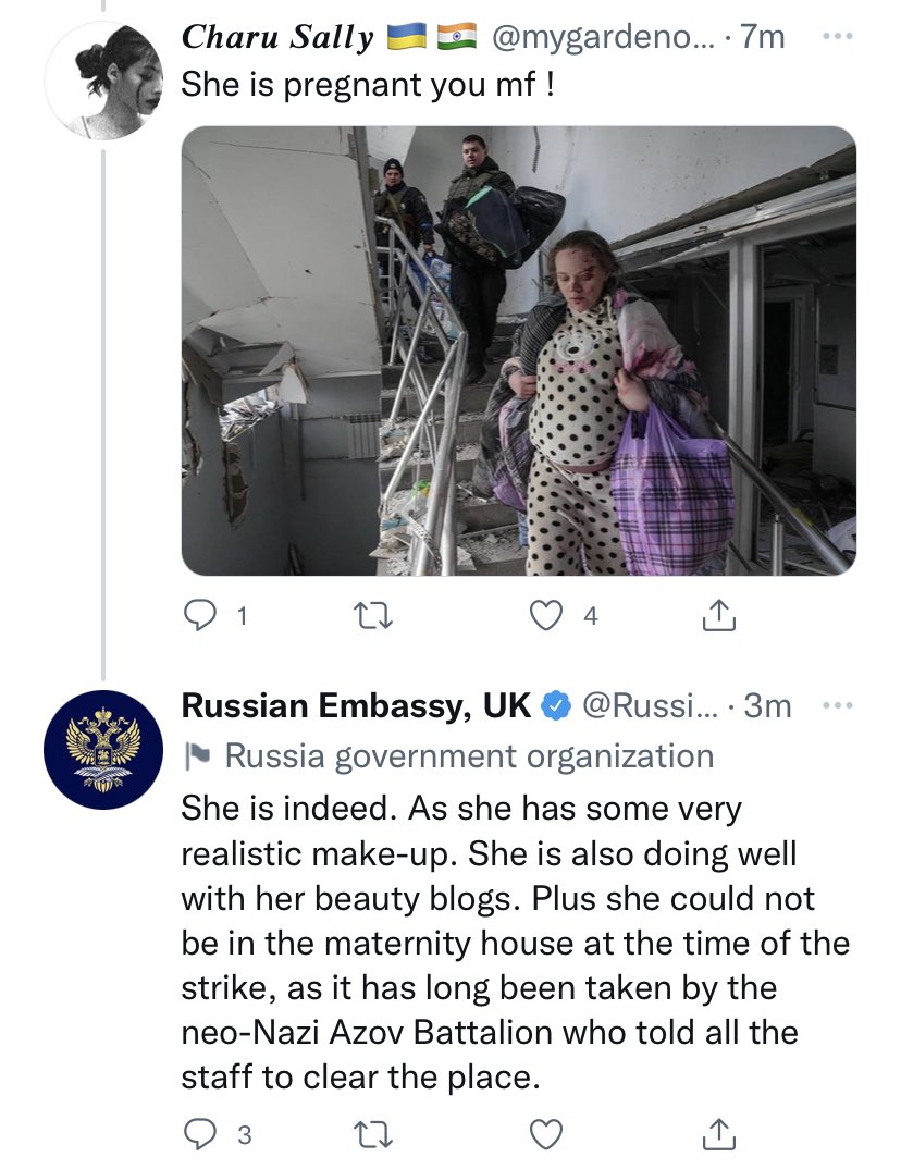 carolecadwalla's tweet image. This is how the Russian Embassy in London has responded to the bombing of the maternity hospital in Mariupol. Utterly obscene.