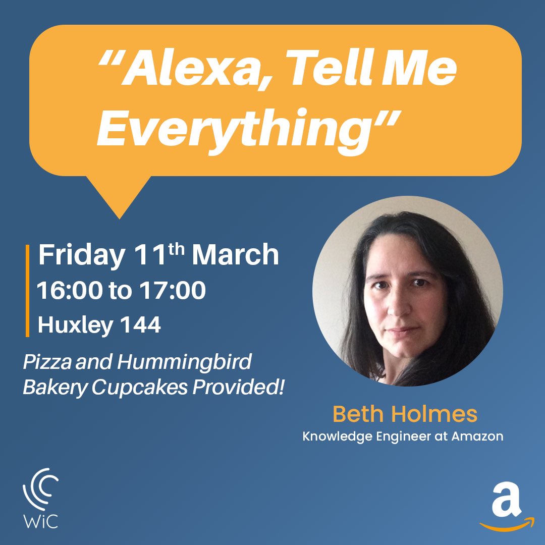 Coming up is our final event for Women @ Imperial week 2022!
Join us on Friday 11th March at 4pm, in Huxley 144, for our talk by Beth Homes on her career path as Knowledge Engineer at Amazon.
This event will be held in a hybrid format and the joining link will be advertised soon.