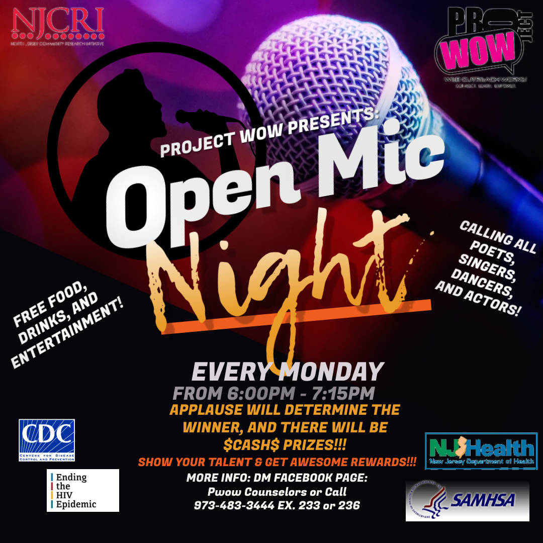 NewarkNJCRI's tweet photo. Project Wow presents OPEN MIC NIGHT, every Monday. Calling all poets, singers, dancers and actors! Bring your talent and shine! #talent #skills #openmic #projectwow #njcri https://t.co/cNOay1Pbit