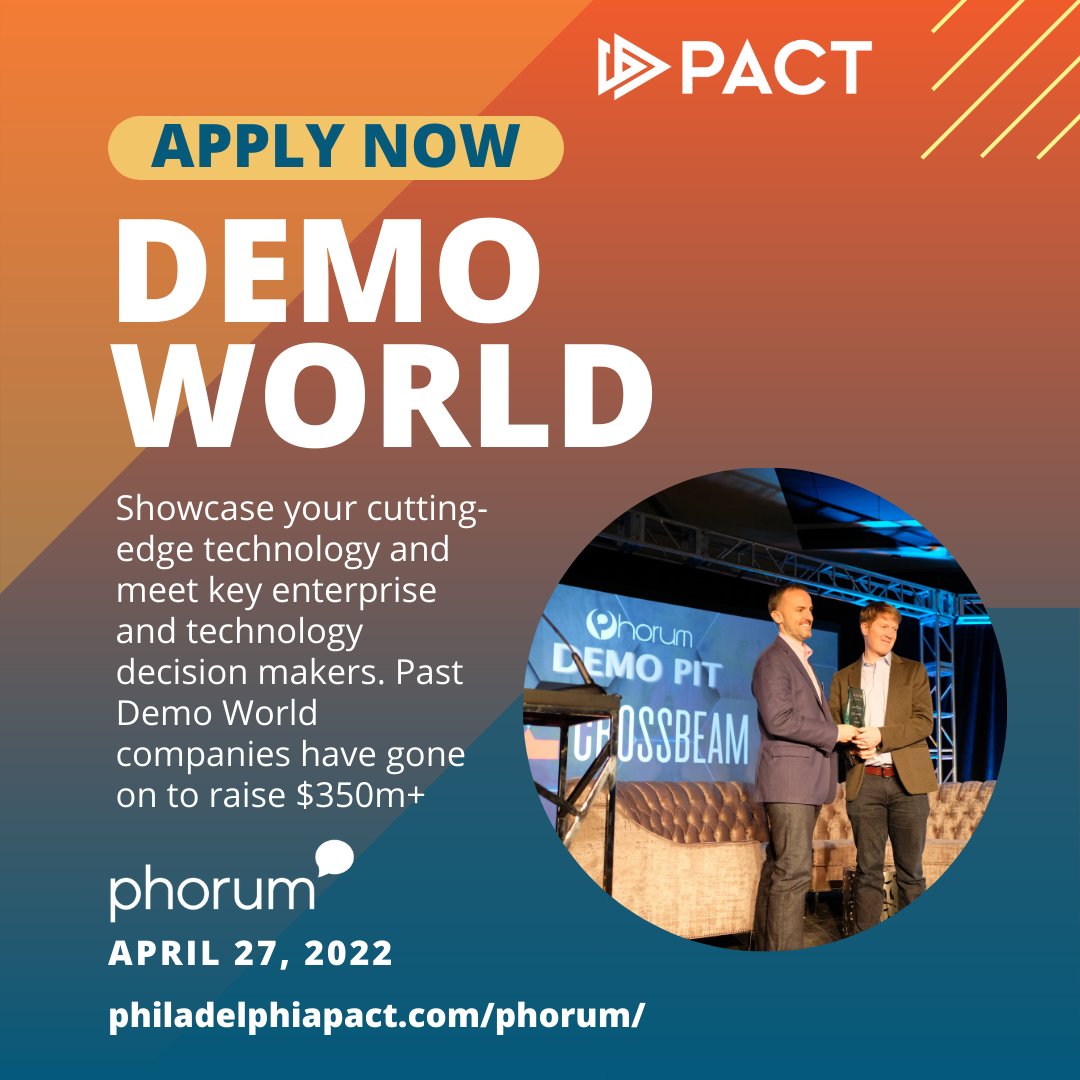 PhilaPACT's tweet photo. Calling all #earlystage #startups and #entrepreneurs!
Don't miss your chance to enter the #DemoWorld competition.
One company will receive the Phorum Forward Award. Past participants have gone on to raise $350M+ in capital.
Submit by FRIDAY, 3/11 at https://t.co/M1J51Khu12 https://t.co/62OA50FsVs