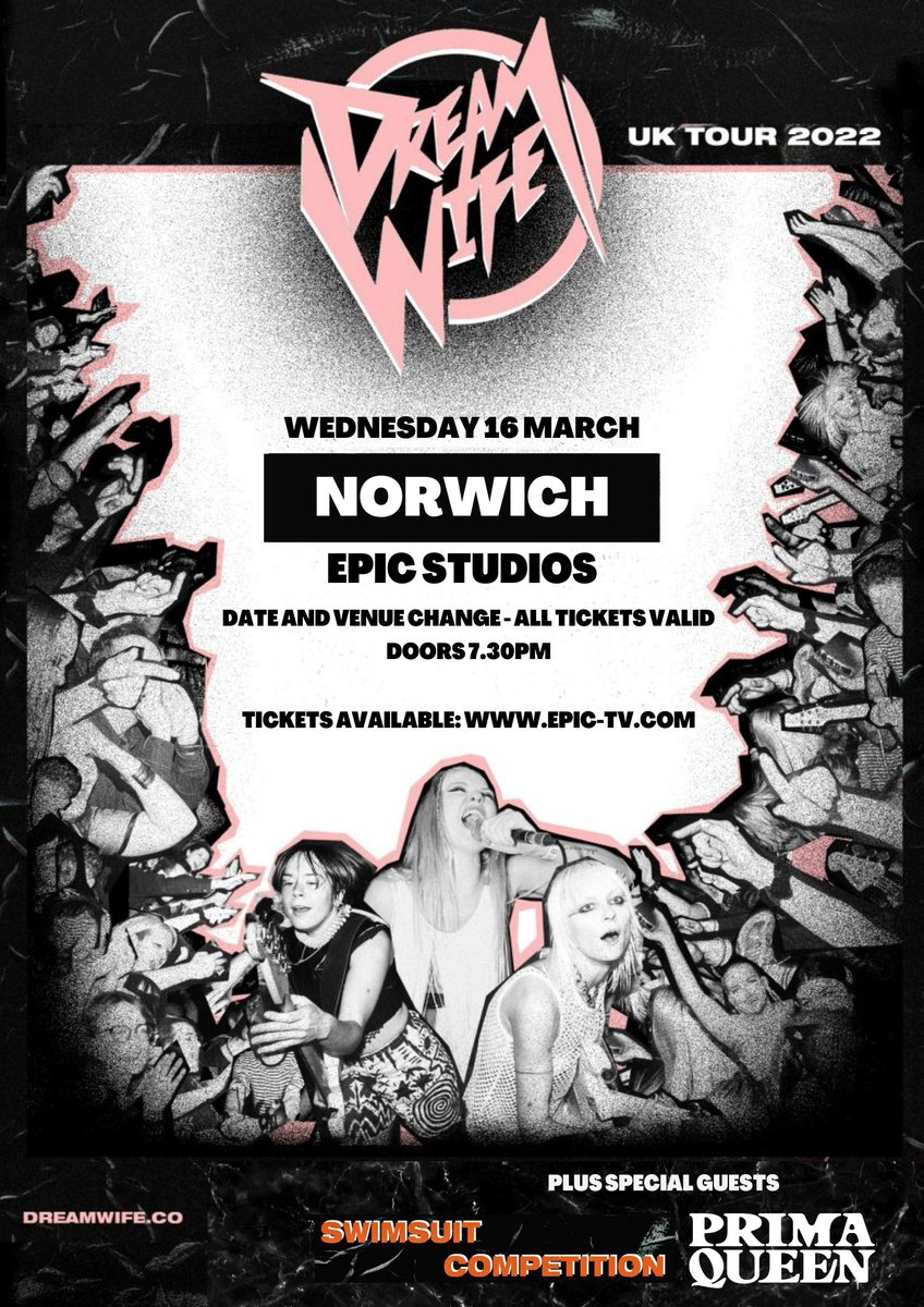 Epic Studios (@epicnorwich) on Twitter photo Important info regarding <a href="/DreamWifeMusic/">Dream Wife</a>. Dream Wife are now appearing at <a href="/EPICNorwich/">Epic Studios</a> on Wed 16th March. - doors 7.30pm. If you have a ticket with The Waterfront on for March 18th don't worry as it will still be honored at Epic Studios. epic-tv.com/events/event/d… Important info regarding <a href="/DreamWifeMusic/">Dream Wife</a>. Dream Wife are now appearing at <a href="/EPICNorwich/">Epic Studios</a> on Wed 16th March. - doors 7.30pm. If you have a ticket with The Waterfront on for March 18th don't worry as it will still be honored at Epic Studios. epic-tv.com/events/event/d…