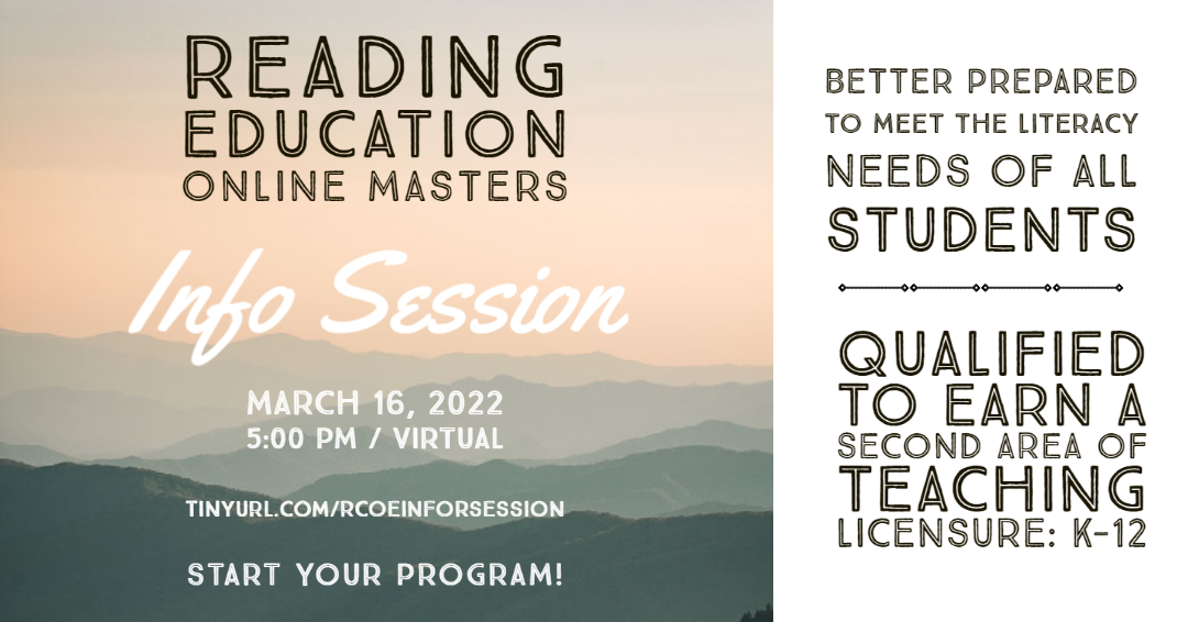 Are you interested in becoming a reading or literacy specialist? Or elevating your teaching skills in your own K-12 classroom? Register now for the info session for the MA in Reading Education on March 16 - tinyurl.com/rcoeinfosession