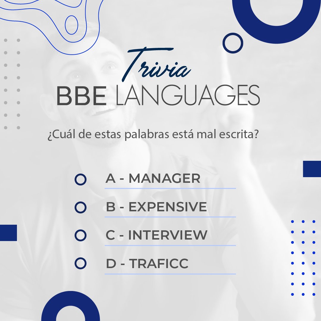 bbelanguages's tweet photo. 👍¿Ya identificaste la palabra que está mal escrita?

La respuesta es: D / Se escribe TRAFFIC

#bbelanguages #colombia #idiomas #ingles #aprenderingles #inglesonline #cursodeingles #inglesfluente #doyouspeekenglish #Cursos #Business #Vocabulary https://t.co/GDBLNGTKIe