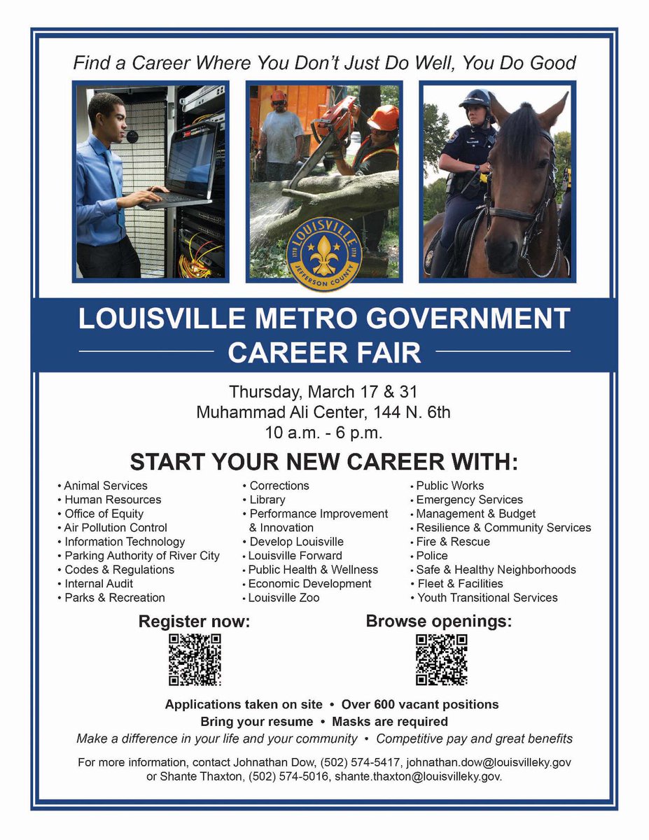 LFPL's tweet photo. Mark your calendar for a Louisville Metro Government Career Fair featuring 25 city departments &amp; 600 vacant positions. LFPL jobs &amp; more info at  https://t.co/gjUtThyZ0Y 

March 17 &amp; 31, 10am-6pm
Muhammad Ali Center, 144 N. 6th St. https://t.co/qSPACIUhwm