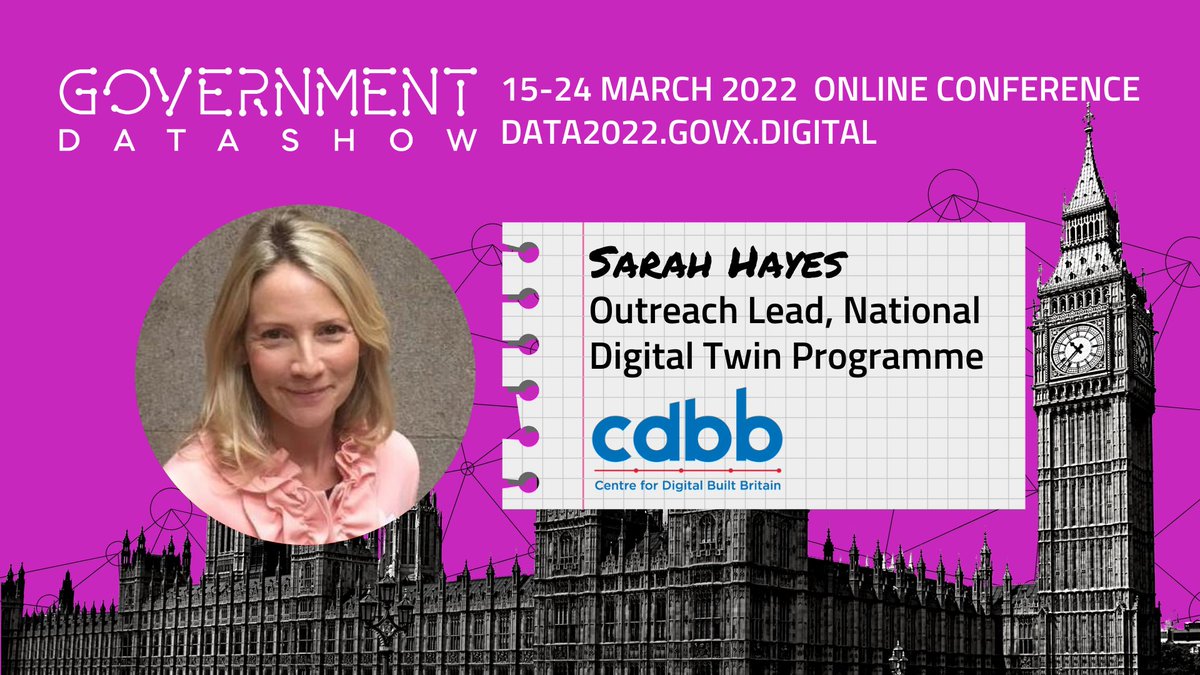 CambridgeCDBB's tweet photo. Join Sarah Hayes on 24 March 2022, 4:30 PM (GMT) at @GovXDigital on the panel "Digital twins changing the way Public Sector organisations operate, collaborate and innovate".
Register now (free for public sector!): https://t.co/X7gtdvrPQo #NDTprogramme https://t.co/aMfYZefwXv