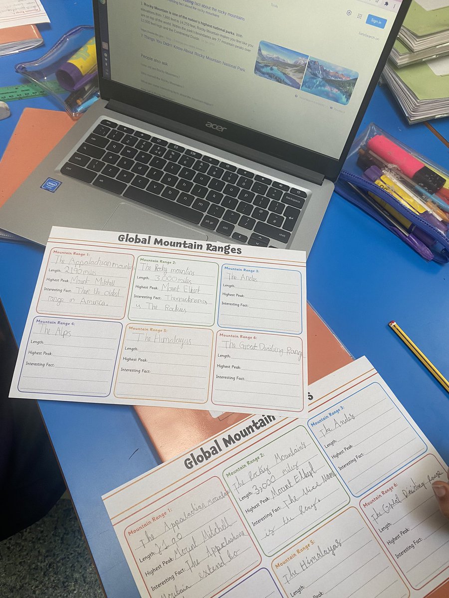 MissGaskell's tweet photo. Researching different famous mountain ranges this afternoon in Geography 🏔 ⛰ #geographylessons #primarygeography #researchlearning #year3 @brownhillleeds https://t.co/wv40OQgmGh