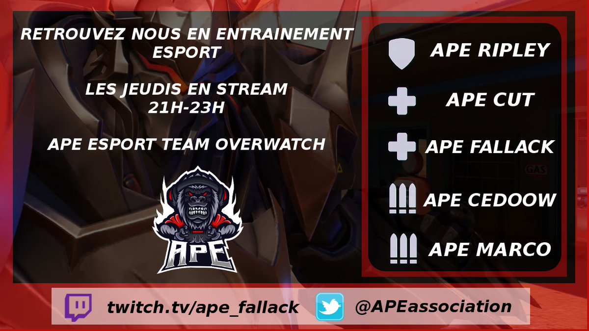 😱Le roster #Overwatch #esport APE reprend du service 

🔥Retrouvez nous en entrainement en Stream #twitch pour préparer #Overwatch2

🎮 <a href="/_APE_Cut/">APE Cut</a> Leader Heal
🎮 <a href="/APE_ripley/">APEripley</a> Tank
🎮 <a href="/cedoow/">A.P.E Cedoow</a> DPS
🎮 <a href="/APE_fallack/">Pasquon Tony</a> Heal
🎮 Marco DPS

twitch.tv/ape_fallack