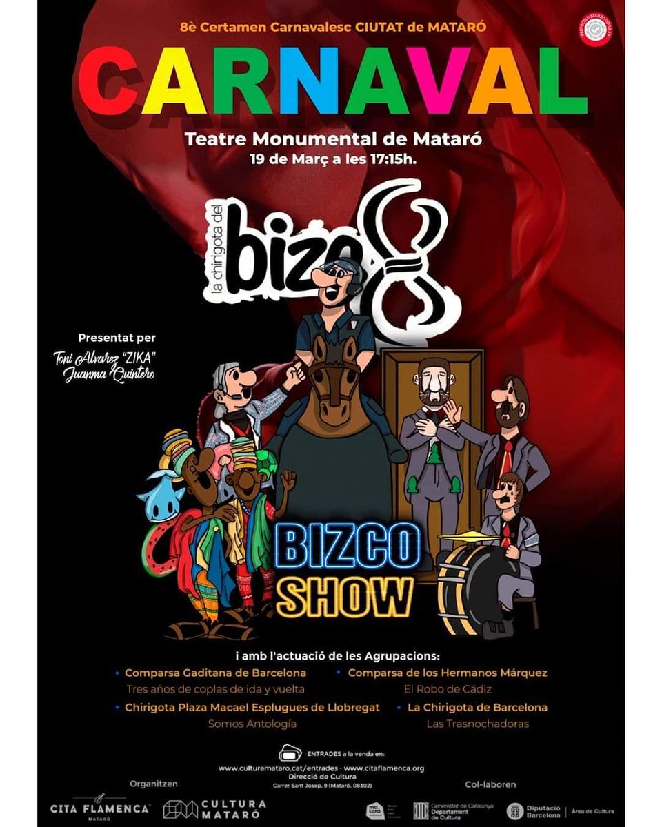 Nos vemos el sábado 19 en Mataró con agrupaciones amigas y desde Sevilla la <a href="/ChirigotaBizc8/">la CHIRIGOTA del BIZCOCHO</a> !!!

<a href="/CiFlaMa/">Cita Flamenca Mataró</a>