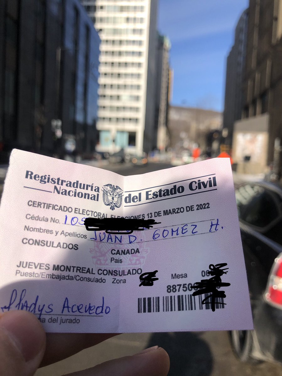 ghjuand's tweet photo. Ejercido el Derecho! Un proceso rápido y eficiente. Gracias al #ConsuladodeColombia por facilitar este ejercicio para los Colombianos que estamos en Montreal. @CancilleriaCol @ColEmbCanada #EleccionesColombia  #Eleccionesenelexterior  🇨🇦 🇨🇴 https://t.co/ymRDDQjw8G