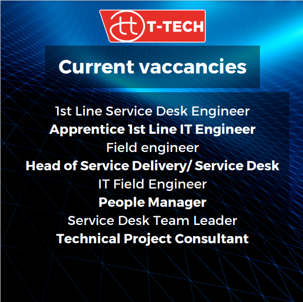 We're hiring! We have lots of new job opportunities at T-Tech. Whether you’re starting your IT career on the Service Desk, or looking to progress your skills in a specialist technical role, we're looking for talented individuals to join our team. 🎉#newjob hubs.ly/Q015N2d50