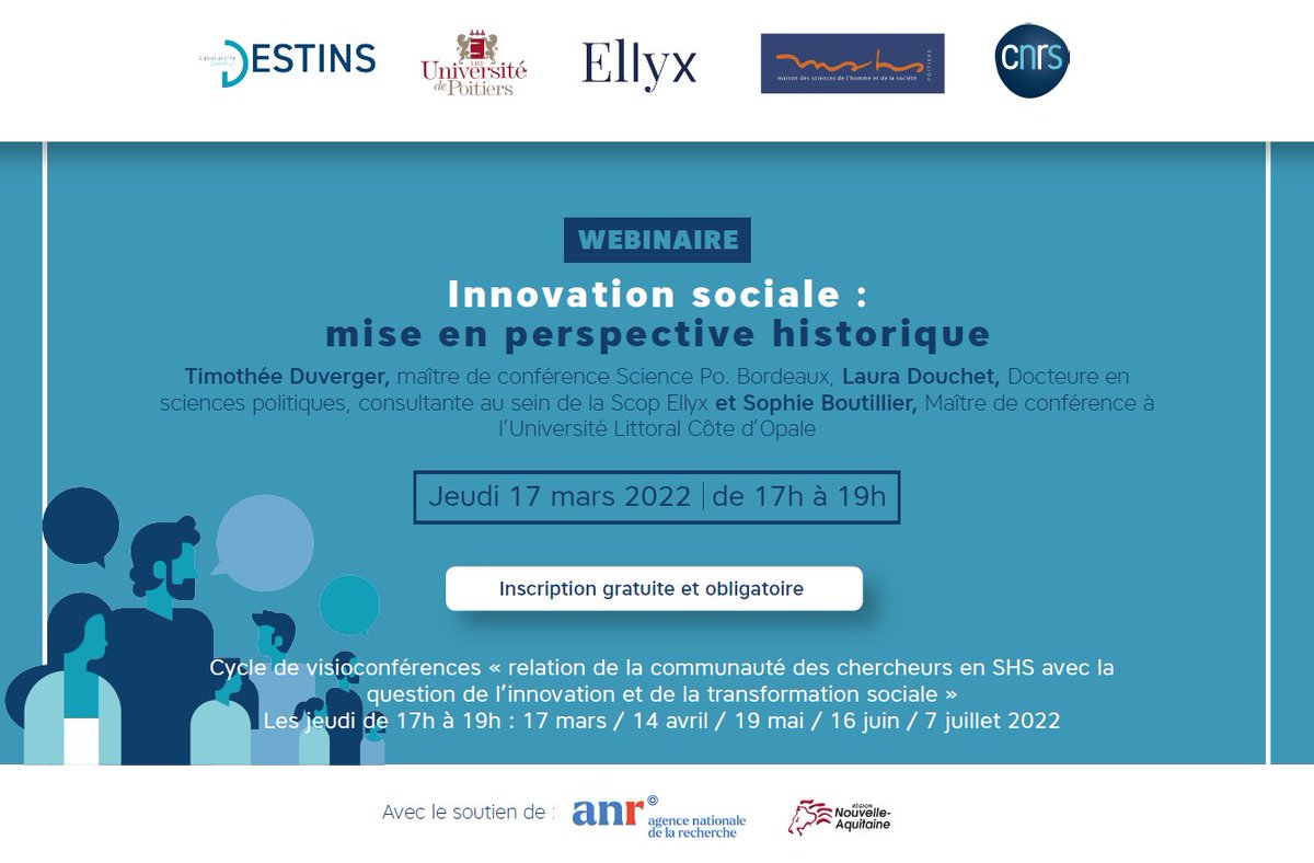 TQuinqueton's tweet photo. "Innovation sociale : mise en perspective historique", webinaire du LabCoimDESTINS (@MSHS_Poitiers-@ScopEllyx) le jeudi 17 mars de 17 à 19h avec Laura Douchet, Timothée Duverger et Sophie Boutillier; pour s'inscrire : https://t.co/nrdpI9Uo99 https://t.co/fPUnUzncuo