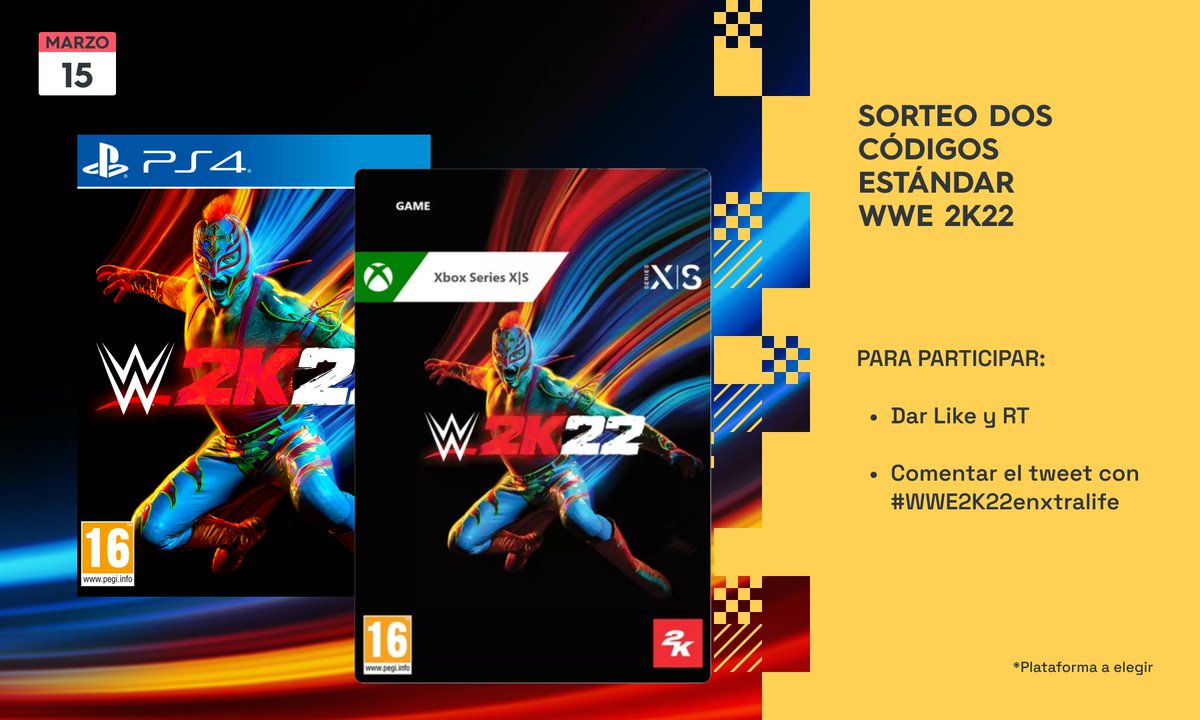 xtralife_es's tweet photo. ¡Celebremos el lanzamiento de #WWE2K22 con un #SORTEO de dos códigos del juego con @2KEspana!👊

Para participar:

🔁Dar Like y RT
💬Comentar el tweet usando #WWE2K22enxtralife

Suerte🍀

Hasta el 15/03/2022
*Plataforma a escoger por los ganadores https://t.co/Jg1hf9ePsp