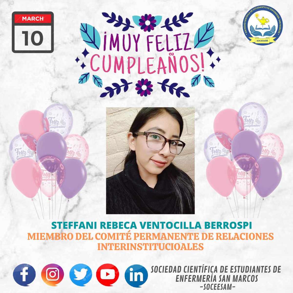 soceesam's tweet photo. La Sociedad Científica de Estudiantes de Enfermería San Marcos  💙✨ le desea a , Steffani Rebeca Ventocilla Berrospi , miembro del Comité Permanente de Relaciones Interinstitucionales de SOCEESAM, un feliz cumpleaños!! 🤗🎂🥳🎉

#SOCCESAM 
#FelizCumpleaños 
#SocietarioDeCorazón https://t.co/VtJloDwmNe