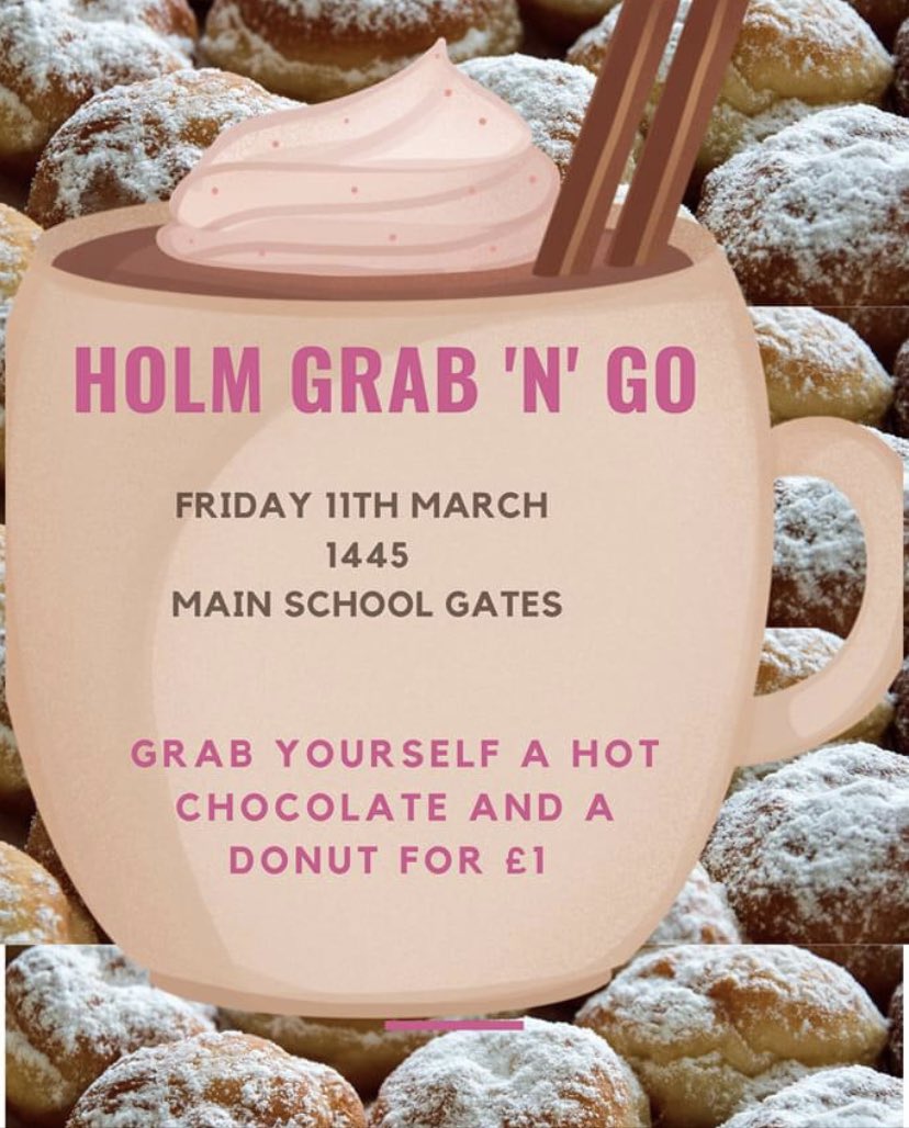 Don’t forget tomorrow is grab and go Hot Chocolate and Donut day! £1. P4-7 you can pre-order before school at the front school gate for collection at 3pm. P1-3 available from 2.45pm. Correct change if possible!! #holmparentcouncil #hotchocolateholmies