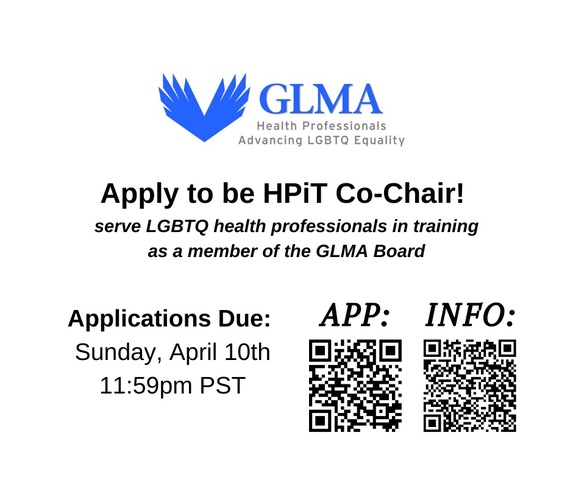 The application for students/ trainees to serve as @GLMA_LGBTHealth 2022-2023 HPiT Co-Chair/board member now open! The application is due Sunday, April 10th. #LGBTQ #LGBQTinhealthcare #medtwtitter @MSPA_National @AMSANational @AmerMedicalAssn 
app: airtable.com/shr4FvZGC0V6Mq…