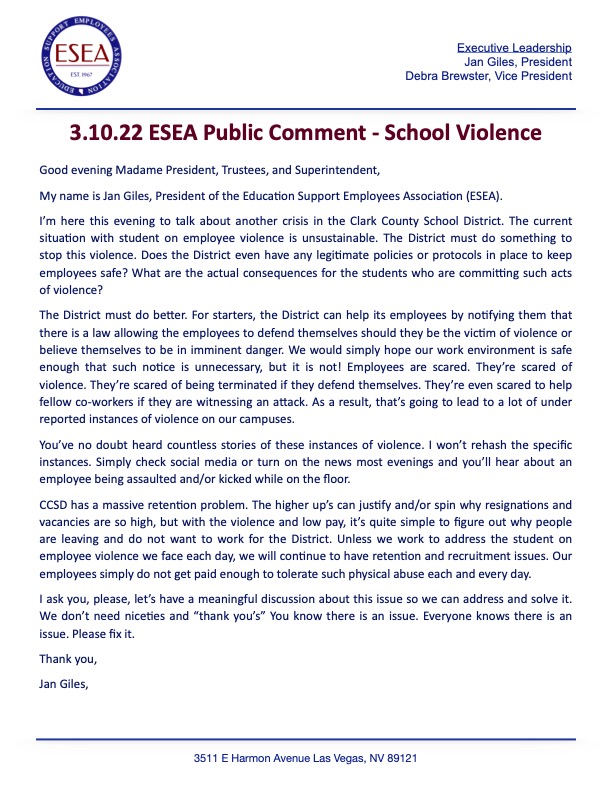 Tonight at the CCSD Trustees Meeting, ESEA President Jan Giles provided public comment about student on employee violence. 
"CCSD has a massive retention problem...with the violence &amp; low pay, it’s quite simple to figure out why people are leaving and don't want to work for CCSD"