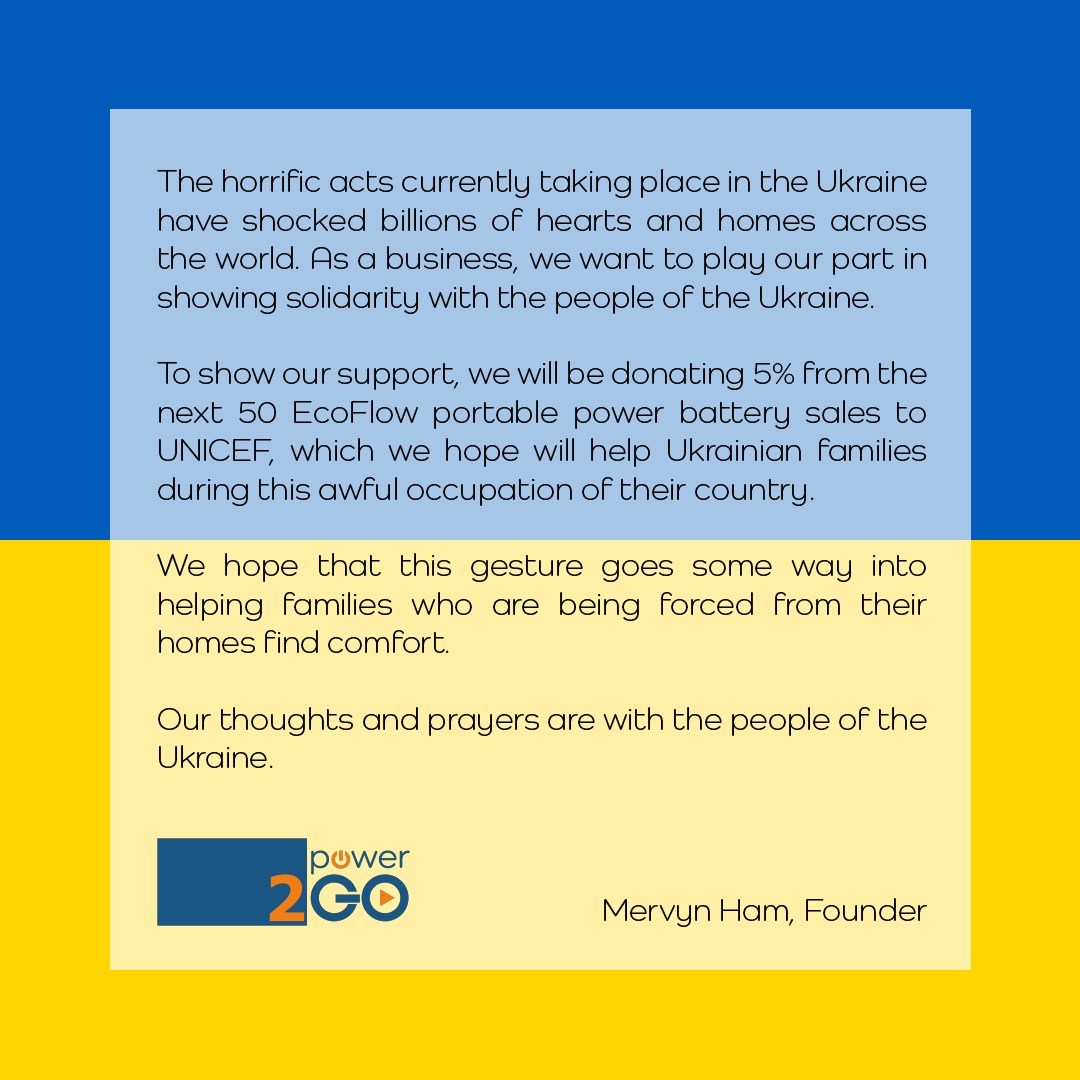 Power_2Go's tweet photo. We stand with Ukraine🇺🇦

To show our solidarity and pledge support to the Ukraine and it’s people, we will be donating 5% from our next 50 orders to @UNICEF. This donation we hope will go some way to comforting those who’ve been affected by the conflict.

#StandWithUkraine🇺🇦 https://t.co/PKDhwc0jjN