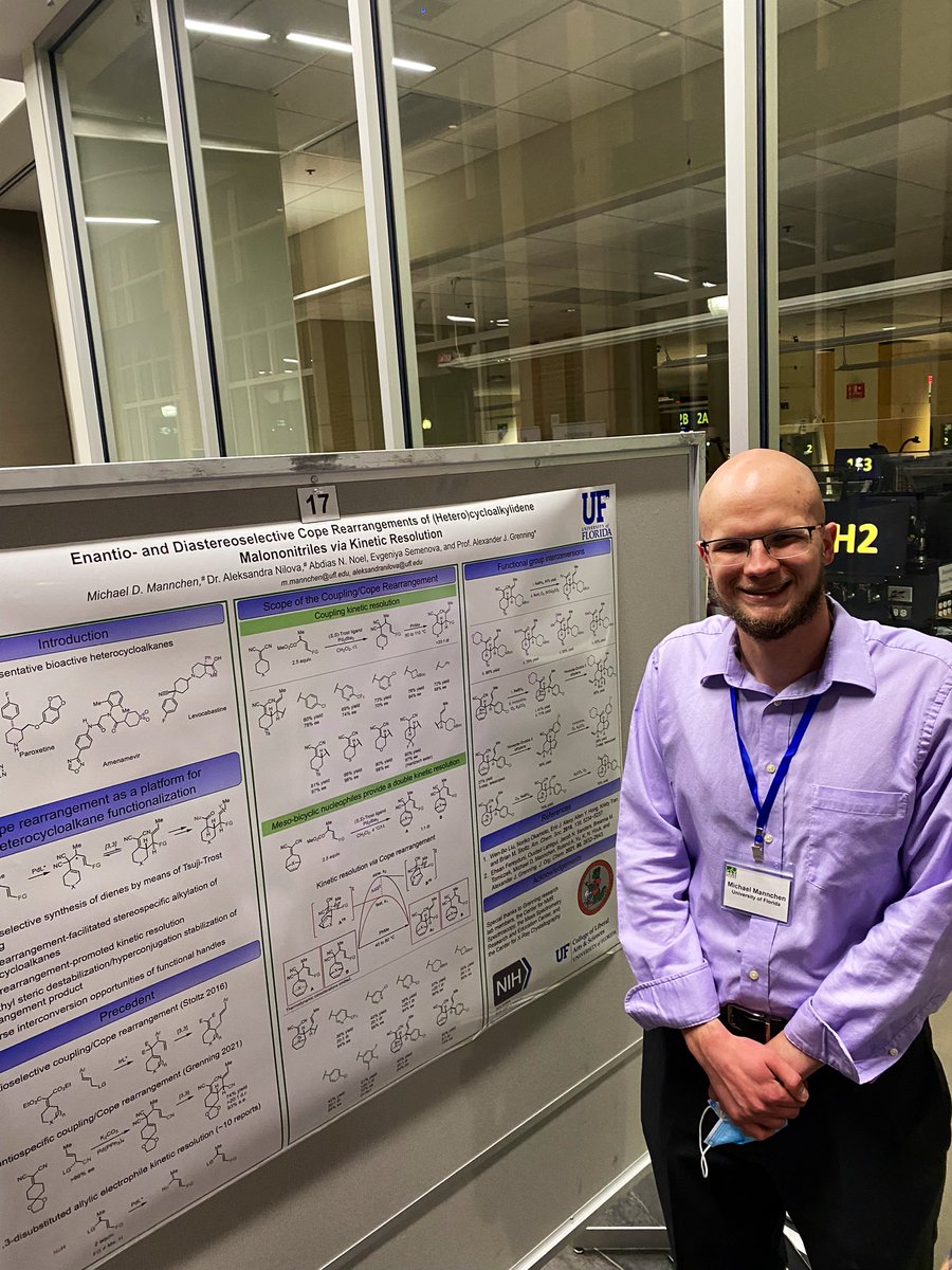 OChem_Grenning's tweet photo. #GrenningLab presented four posters at #FloHet2022! Our research shared included (1) dearomative cope rearrangements, (2) enantioselective Cope rearrangements, (3) Cope rearrangements for constructing vicinal quat/tert centers, and (4) axially chiral cannabinoid synthesis! https://t.co/aOTIiVExEG