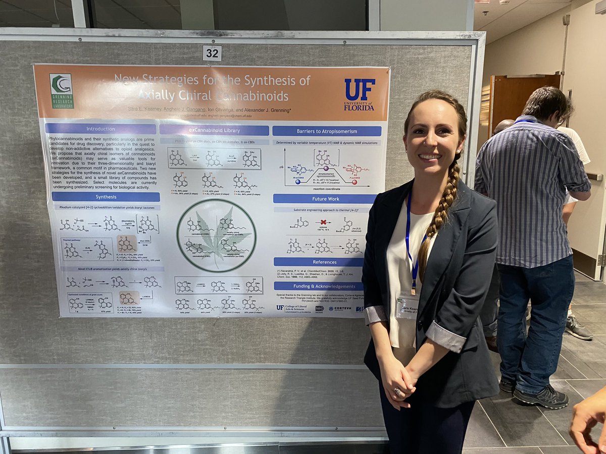 OChem_Grenning's tweet photo. #GrenningLab presented four posters at #FloHet2022! Our research shared included (1) dearomative cope rearrangements, (2) enantioselective Cope rearrangements, (3) Cope rearrangements for constructing vicinal quat/tert centers, and (4) axially chiral cannabinoid synthesis! https://t.co/aOTIiVExEG