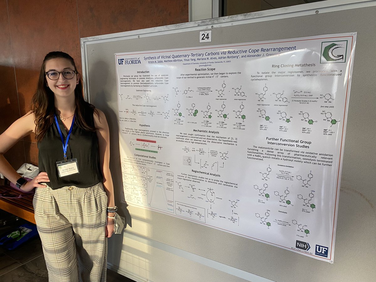 OChem_Grenning's tweet photo. #GrenningLab presented four posters at #FloHet2022! Our research shared included (1) dearomative cope rearrangements, (2) enantioselective Cope rearrangements, (3) Cope rearrangements for constructing vicinal quat/tert centers, and (4) axially chiral cannabinoid synthesis! https://t.co/aOTIiVExEG