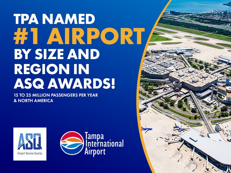 FlyTPA's tweet photo. WE’RE #1! Thanks to our passengers for ranking TPA #1 in the Airports Council International annual Airport Service Quality (ASQ) Awards. 

TPA was also named Best Hygiene Measures by Region (cause we’re super clean) 

Read more: https://t.co/fnppEi3wRO https://t.co/pi0hvMVn9f