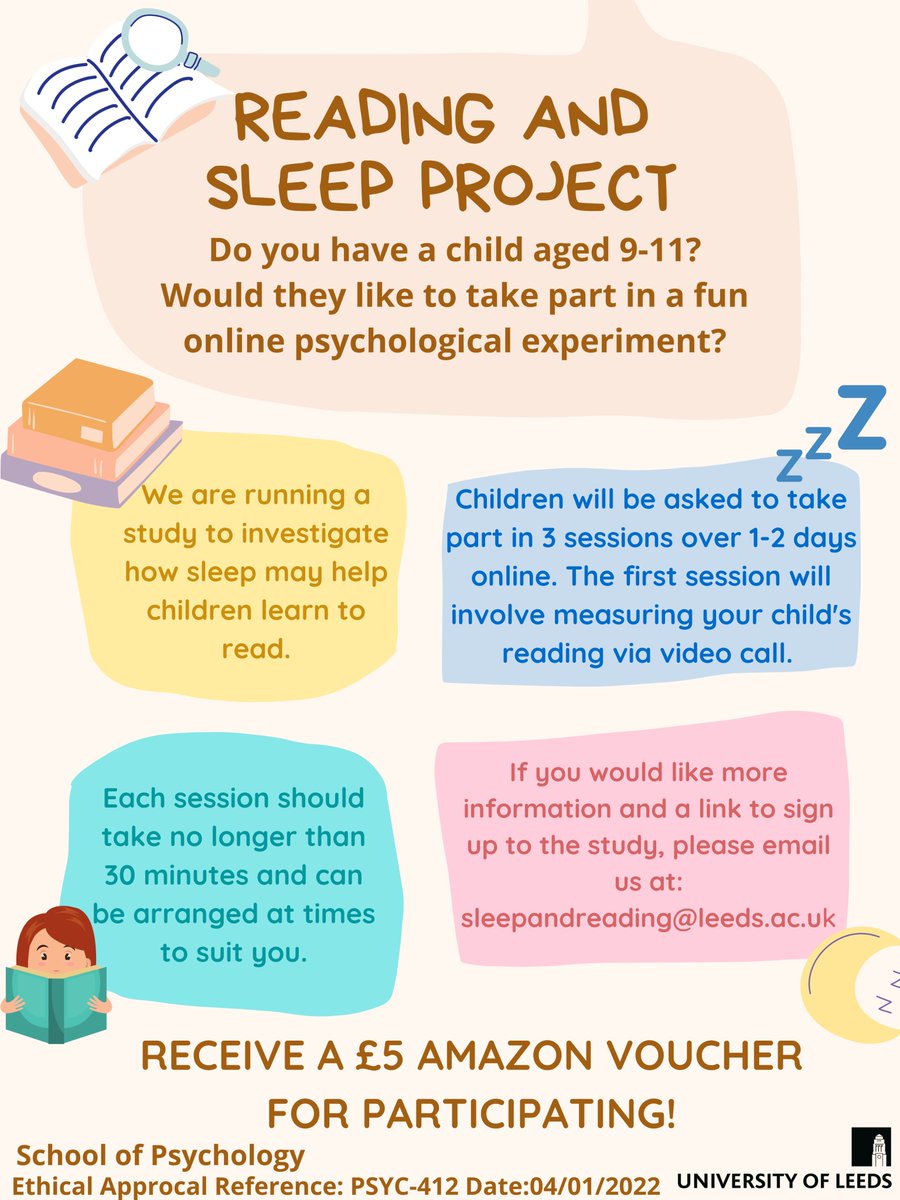 RASPLeeds's tweet photo. We are still recruiting for our Reading and Sleep Project, where children who participate will receive a £5 #AmazonVoucher. It's a fun experiment to be involved in, so for more information email sleepandreading@leeds.ac.uk!

#academictwitter #reading #psychology #Research https://t.co/yPmqcEoiiv