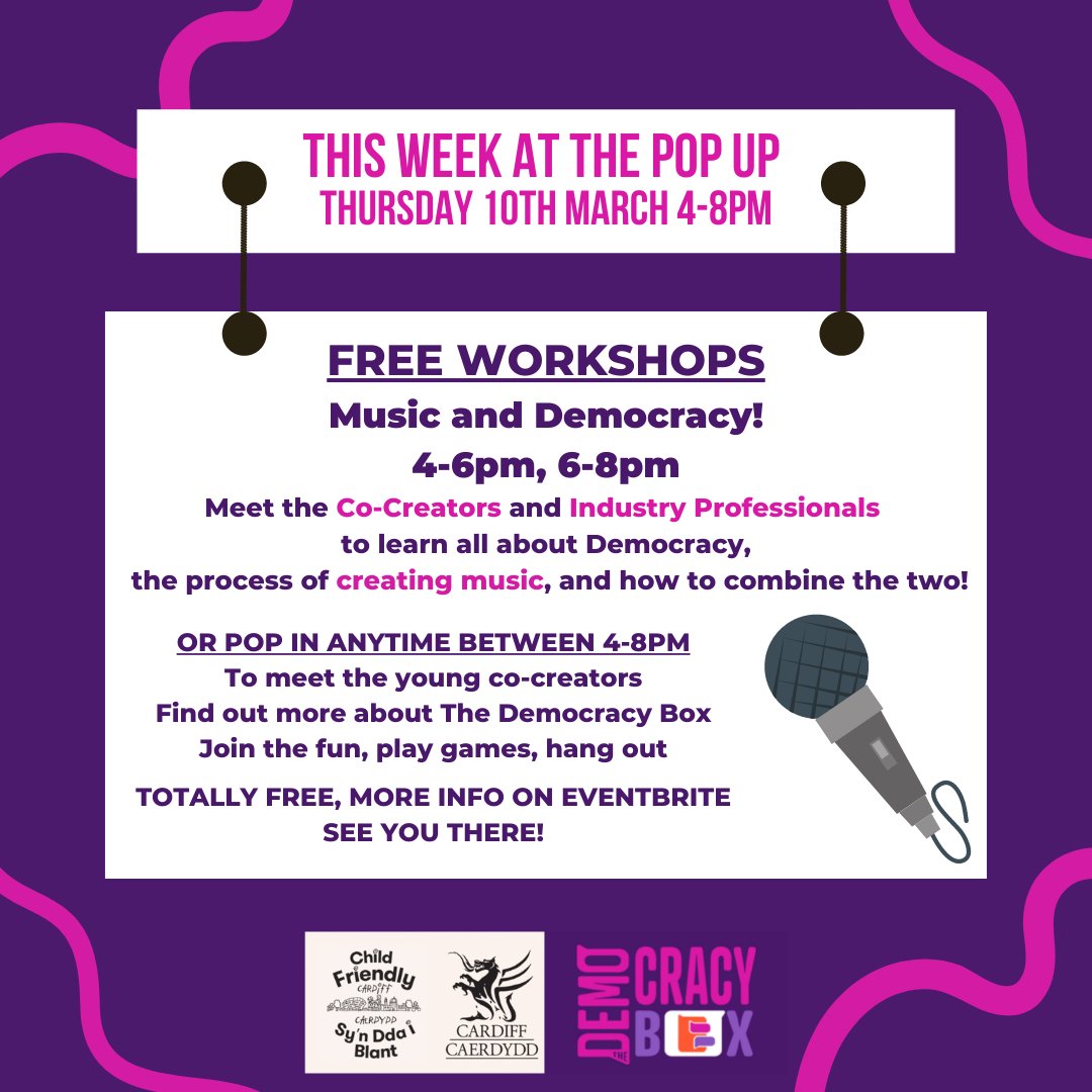 Join us TONIGHT at the Pop Up for FREE Music Workshops, a chance to meet the Young Co-Creators, and to learn about all things Democracy Box!
(Find us in St Davids 2 next to the Apple Store)
eventbrite.co.uk/e/music-democr…
 #WinterOfWellbeing #GaeafLlawnLles