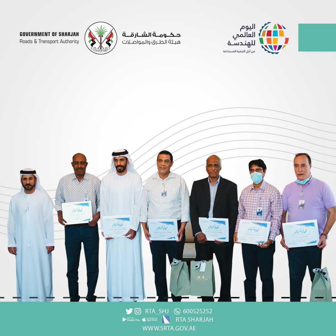 RTA_Shj's tweet photo. Engineer Suleiman Al Hajri, Director of Roads Affairs at the #Sharjah_Roads_Transport_Authority, honored a group of male and female engineers on the occasion of the #World_Engineering_day for Sustainable Development. https://t.co/8tk5X9wjHU