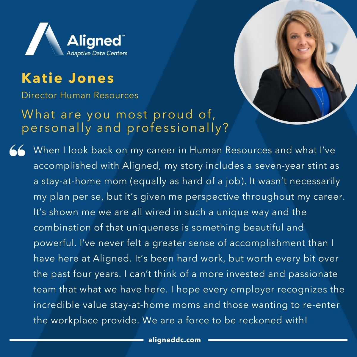 aligneddc's tweet image. On #IWD2022, we launched a series celebrating #TeamAligned's exceptional women. Meet our (amazing) HR Dir. Katie works tirelessly to support the company and talent needs, while fostering an engaged and #innovative workplace culture. We appreciate you, Katie! #AlignedDNA