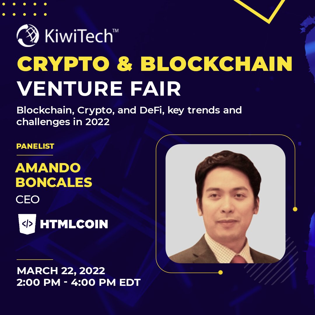 We are thrilled to welcome Amando Boncales, CEO, HTMLCOIN as a panelist at our upcoming Crypto &amp; Blockchain Venture Fair scheduled on March 22.

Register now to gain insights into Blockchain, Crypto, and DeFi – Key Trends and Challenges in 2022: buff.ly/3hvH1M6