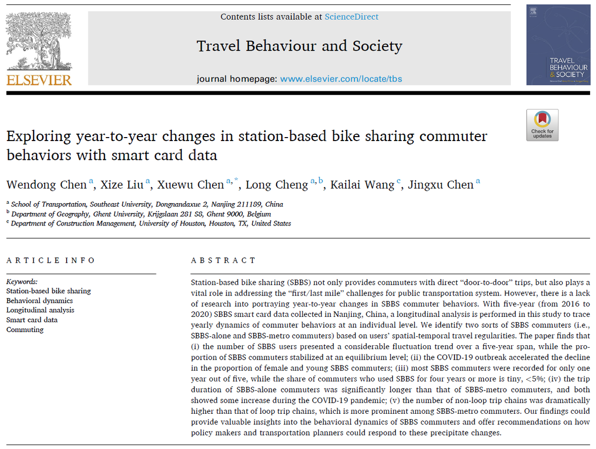 Long_Cheng1's tweet photo. New article out! Using five-year bikeshare smart card data, we perform a longitudinal analysis to explore the yearly dynamics of commuting behaviours.

50 days' free access:
https://t.co/soSIejGP4Y https://t.co/itZGvxO21v