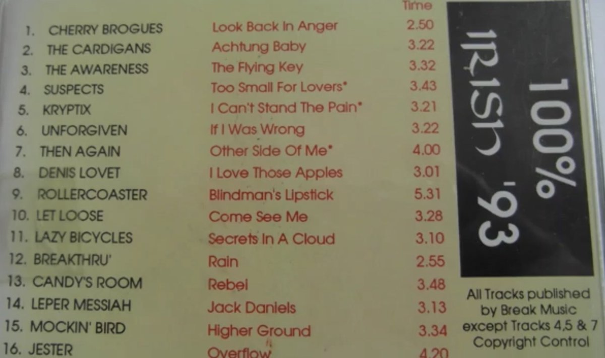BroguesThe's tweet photo. The Cherry Brogues were asked to contribute to this Irish Indie compilation in 1993 - decent collection of various hard working, gigging but unsigned as yet bands. Anyone recognise the bands listed?? #irishmusic #unsigned #Dublin #BaggotInn #Whelans #RockGarden https://t.co/399O5YONs4