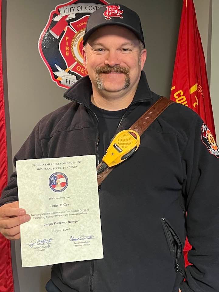 CityofCovFire's tweet photo. Congrats to Captain James Cox on receiving his Emergency Manager Certification thru the GA Emergency Management Homeland Security Agency. Great job Captain! https://t.co/vJDW7HNDTY