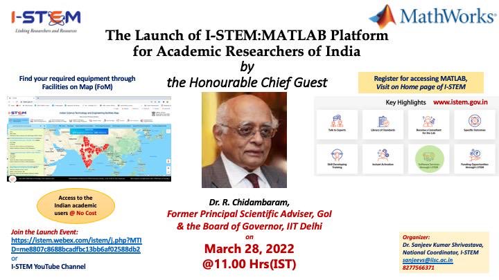 ISTEM_IISc's tweet photo. Please join the launch of I-STEM: MATLAB Platform on Monday, March 28, at 11.00 AM (ONLINE)

https://t.co/nCQl921JWz
⁦@PMOIndia⁩ ⁦@PrinSciAdvGoI⁩ ⁦@IndiaDST⁩ ⁦@CSIR_IND⁩ ⁦@TheMatworks⁩ https://t.co/12pT8Fqskj