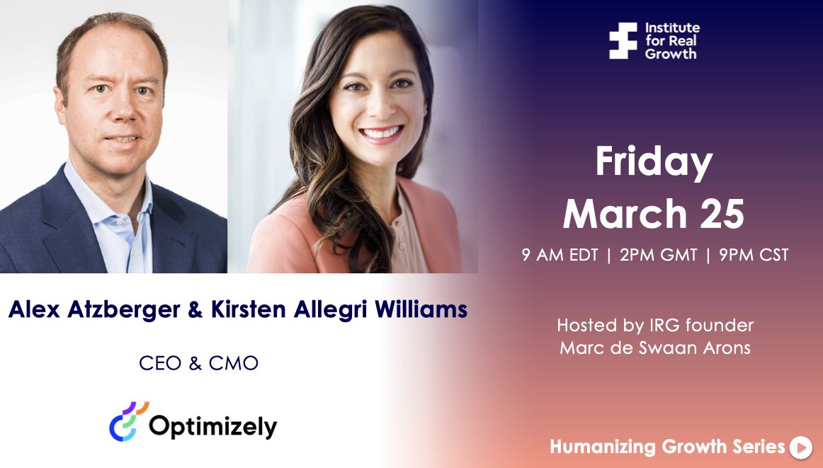 The next Humanizing Growth Series with <a href="/Optimizely/">Optimizely</a> will be joined by CEO <a href="/aatzberger/">Alex Atzberger</a> and <a href="/kirstenallegriw/">KirstenAllegriWilliams</a> who will discuss their learnings and leadership lessons from working with the world’s best companies in the world.

Sign up at: ow.ly/6Uhr50IaV0Z