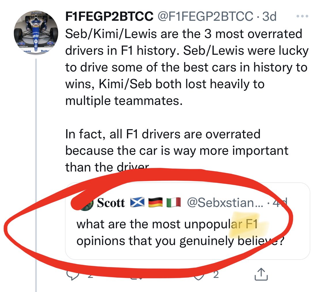 RedPillForMen's tweet photo. @Tecnoguy1 @F1FEGP2BTCC @BlackguyK This is an F1 thread.
Nothing to do with other motorsports so I have no idea why you’re bringing other motorsports in a FORMULA 1 thread. https://t.co/9D0f8AjFsR