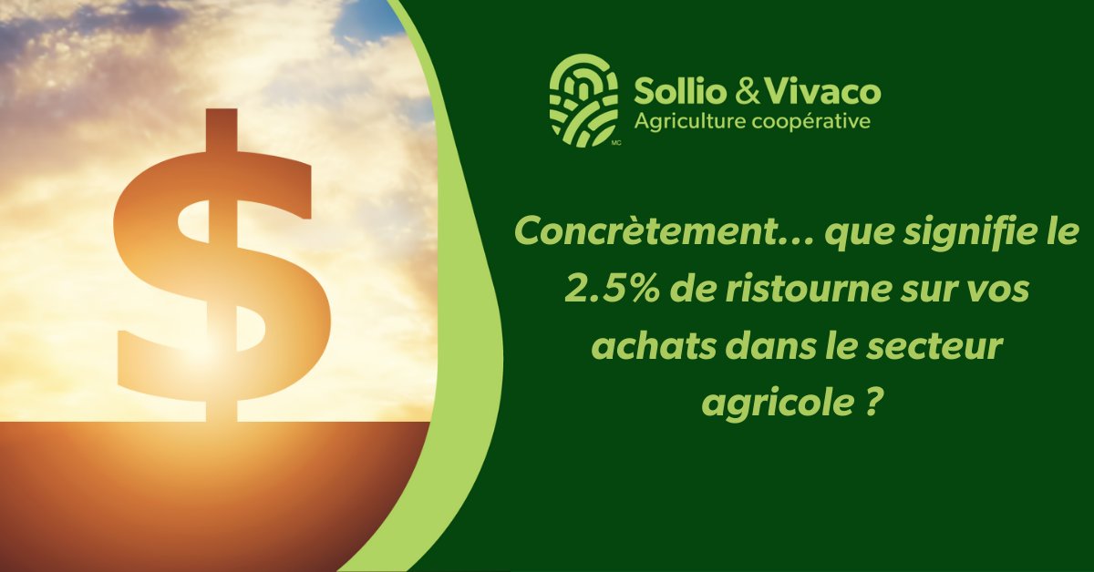 Cette ristourne représente environ : 
💰12.50 $ à 15.00 $ sur la tonne de moulée complète
💰22.00 $ à 25.00 $ sur la tonne de suppléments
💰25.00 $ à 30.00 $ sur la tonne de fertilisants