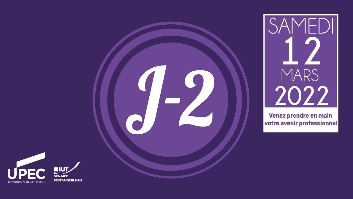 [📢 J - 2 📢]
L'IUT Sénart-Fontainebleau, vous donne rendez-vous dans deux jours pour ses Portes Ouvertes de 9h à 13h sur Sénart et de 13h à 17h sur Fontainebleau ! Vous pourrez échanger avec nos équipes pédagogiques et visiter nos campus !

+ d’infos : 
iutsf.u-pec.fr/l-iut/actualit…